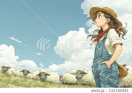 美優シリーズ:羊の群れの世話をする若い女性 美優シリーズ:羊の群れの世話をする若い女性 132100881