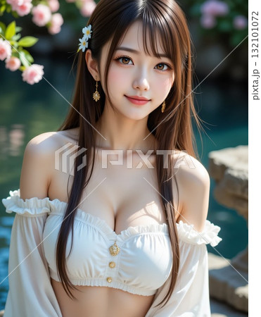 美しい色の清流の川岸に立つオフショルファッションの女性 132101072