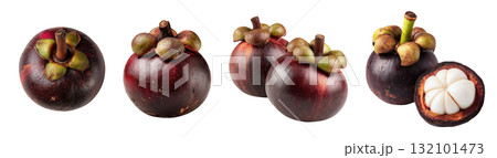 Set isolated fresh tropical fruit, ripe mangosteen in various style, whole, peeled, and pairs, on transparent background. 132101473