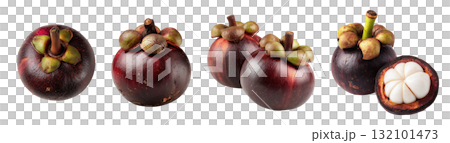 Set isolated fresh tropical fruit, ripe mangosteen in various style, whole, peeled, and pairs, on transparent background. 132101473