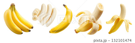 Set isolated fresh tropical fruit, ripe bananas in various style, whole, peeled, and sliced, on transparent background. 132101474