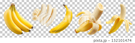 Set isolated fresh tropical fruit, ripe bananas in various style, whole, peeled, and sliced, on transparent background. 132101474