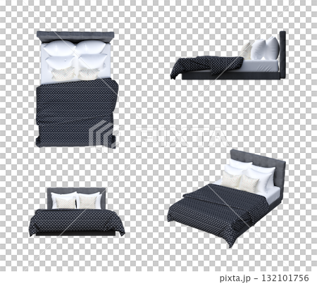 double bed isolated on a transparent background, furniture for the bedroom interior, 3D illustration, cg render 132101756