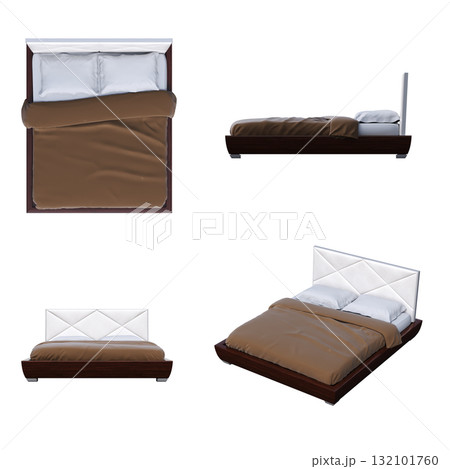 double bed isolated on a transparent background, furniture for the bedroom interior, 3D illustration, cg render 132101760