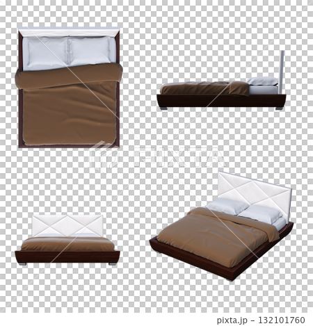 double bed isolated on a transparent background, furniture for the bedroom interior, 3D illustration, cg render 132101760