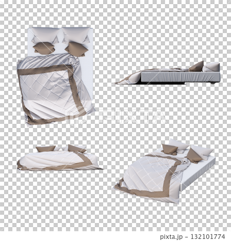 double bed isolated on a transparent background, furniture for the bedroom interior, 3D illustration, cg render 132101774
