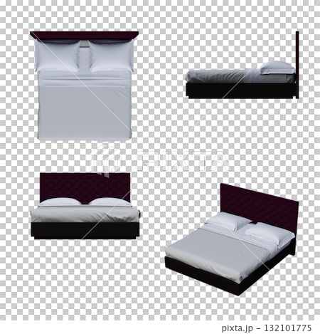 double bed isolated on a transparent background, furniture for the bedroom interior, 3D illustration, cg render 132101775