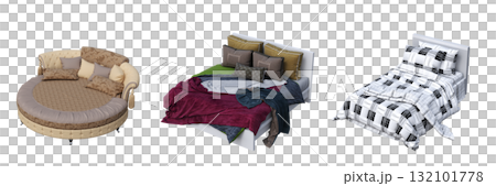 double bed isolated on a transparent background, furniture for the bedroom interior, 3D illustration, cg render 132101778