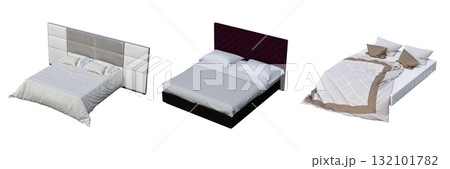 double bed isolated on a transparent background, furniture for the bedroom interior, 3D illustration, cg render 132101782