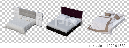 double bed isolated on a transparent background, furniture for the bedroom interior, 3D illustration, cg render 132101782