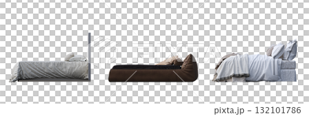 double bed isolated on a transparent background, furniture for the bedroom interior, 3D illustration, cg render 132101786