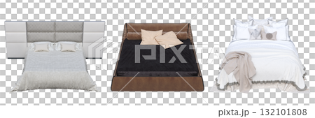 double bed isolated on a transparent background, furniture for the bedroom interior, 3D illustration, cg render 132101808