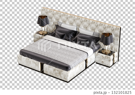 double bed isolated on a transparent background, furniture for the bedroom interior, 3D illustration, cg render 132101825