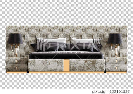 double bed isolated on a transparent background, furniture for the bedroom interior, 3D illustration, cg render 132101827