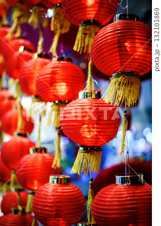 Red Lanterns in Chinese New Festival , with chinese text mean "Good Luck" 132101869