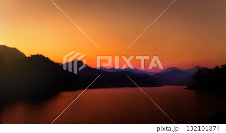 lake landscape at sunset 132101874