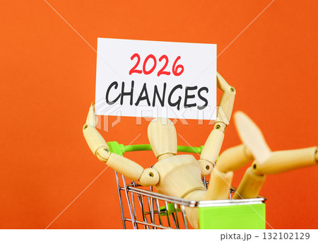 2026 Changes symbol. Concept words 2026 Changes on beautiful white card. Beautiful orange paper background. Businessman's model. Business and 2026 changes concept. Copy space. 132102129