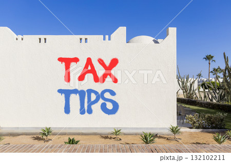 Tax tips symbol. Concept word Tax tips on beautiful white wall. Beautiful blue sky background. Business tax tips concept. Copy space. 132102211