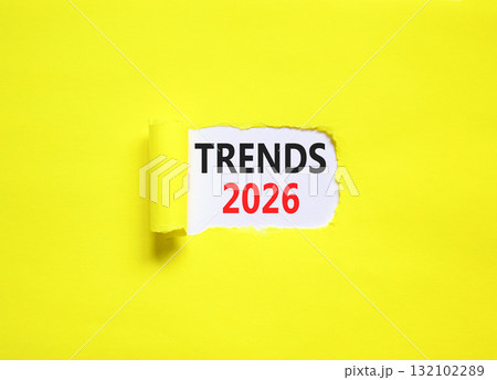 Trends 2026 new year symbol. Concept words Trends 2026 on beautiful white paper. Beautiful yellow paper background. Business and Trends 2026 new year concept. Copy space. 132102289