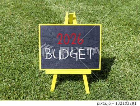 2026 Budget symbol. Concept words 2026 Budget on beautiful black blackboard. Beautiful green grass background. Business and 2026 budget concept. Copy space. 132102291
