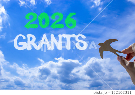 2026 Grants symbol. Concept words 2026 Grants on beautiful blue sky. Beautiful blue sky background. Businessman's hand holds wooden bird. Business and 2026 grants concept. Copy space. 132102311