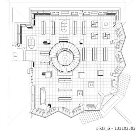 shopping mall, contour visualization, 3D illustration, sketch, outline 132102382