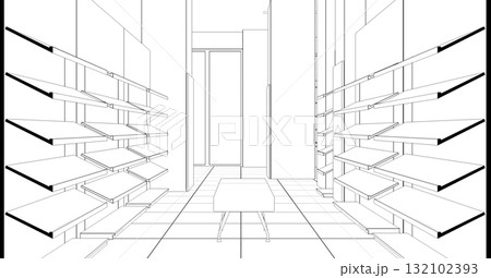 shopping mall, contour visualization, 3D illustration, sketch, outline 132102393