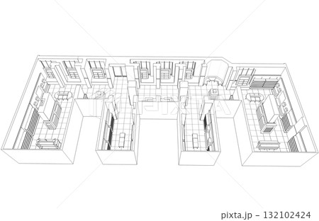 shopping mall, contour visualization, 3D illustration, sketch, outline 132102424