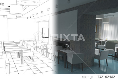 restaurant, interior visualization, 3D illustration restaurant, interior visualization, 3D illustration 132102482