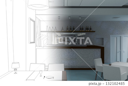 restaurant, interior visualization, 3D illustration 132102485