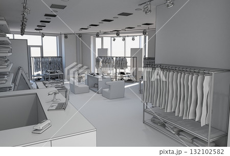 clothing store, interior visualization, 3D illustration clothing store, interior visualization, 3D illustration 132102582