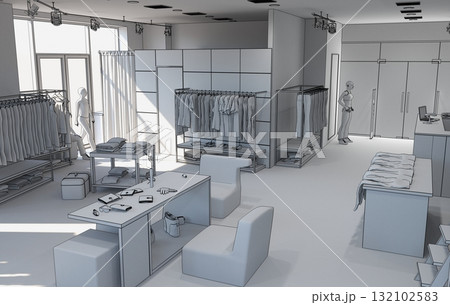 clothing store, interior visualization, 3D illustration 132102583