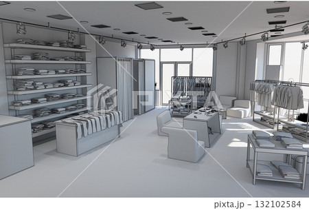 clothing store, interior visualization, 3D illustration 132102584