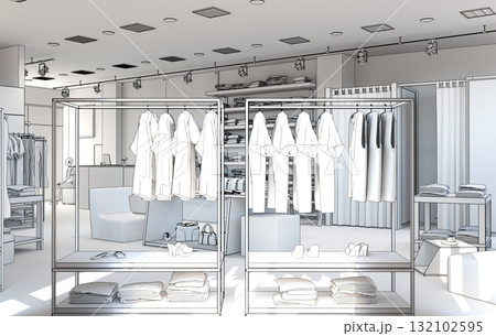 clothing store, interior visualization, 3D illustration clothing store, interior visualization, 3D illustration 132102595