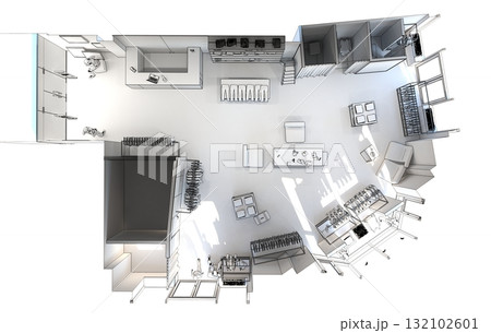 clothing store, interior visualization, 3D illustration clothing store, interior visualization, 3D illustration 132102601