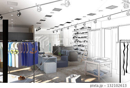 clothing store, interior visualization, 3D illustration clothing store, interior visualization, 3D illustration 132102613