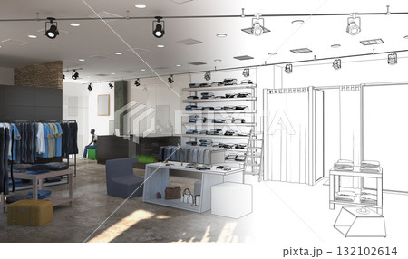 clothing store, interior visualization, 3D illustration clothing store, interior visualization, 3D illustration 132102614