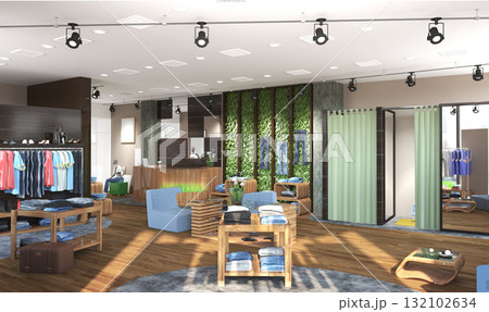 clothing store, interior visualization, 3D illustration 132102634