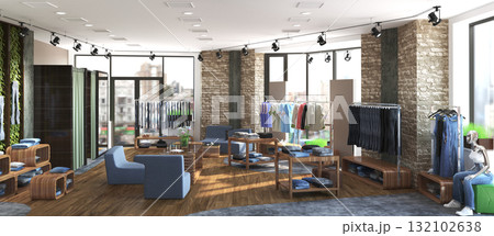 clothing store, interior visualization, 3D illustration clothing store, interior visualization, 3D illustration 132102638