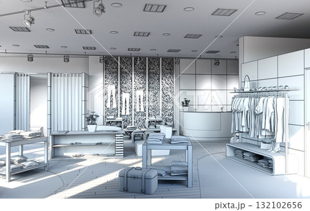 clothing store, interior visualization, 3D illustration clothing store, interior visualization, 3D illustration 132102656
