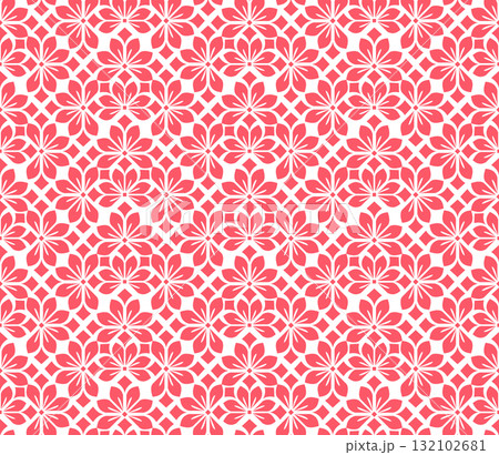 Flower geometric pattern. Seamless vector background. White and pink ornament. Ornament for fabric, wallpaper, packaging. Decorative print 132102681