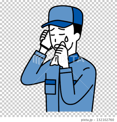 一名身穿工作服的男子一邊打電話一邊哭泣 132102760