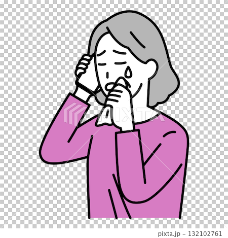 Elderly woman crying while talking on a smartphone 132102761