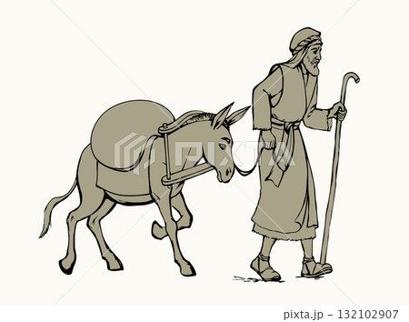 Vector drawing. Donkey loaded with cargo Vector drawing. Donkey loaded with cargo 132102907