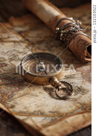 Old map and compass on a table 132103022