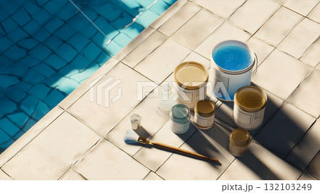 Paint Cans and Brush by Poolside on Sunlit Tiles Paint Cans and Brush by Poolside on Sunlit Tiles 132103249