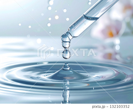 透明な美容液が水面に滴る瞬間 保湿やスキンケアを表す清潔な背景 透明な美容液が水面に滴る瞬間 保湿やスキンケアを表す清潔な背景 132103352