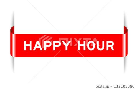 Red color inserted label banner with word happy hour on white background 132103386