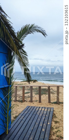 Closed at the end of the season, this coastal beach bar features white tables, palm tree decor, and a surfboard-shaped sign by the ocean. 132103615