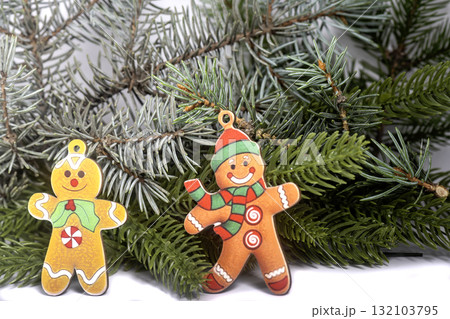 Christmas landscape with gifts and snow. Merry christmas and happy new year . 132103795